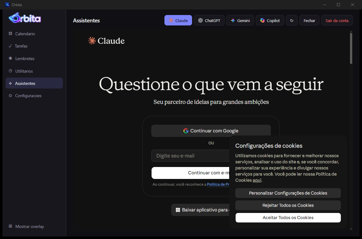 Aba do Claude aberta dentro do Órbita