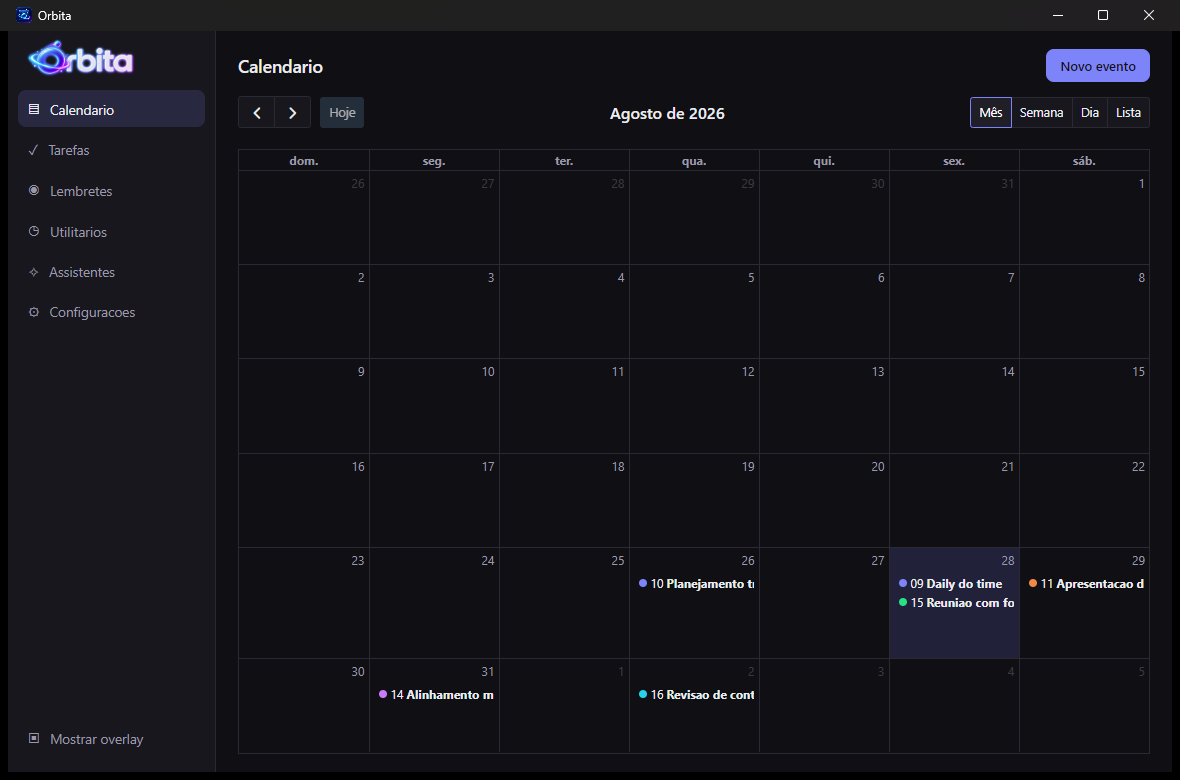 Calendário mensal com eventos coloridos