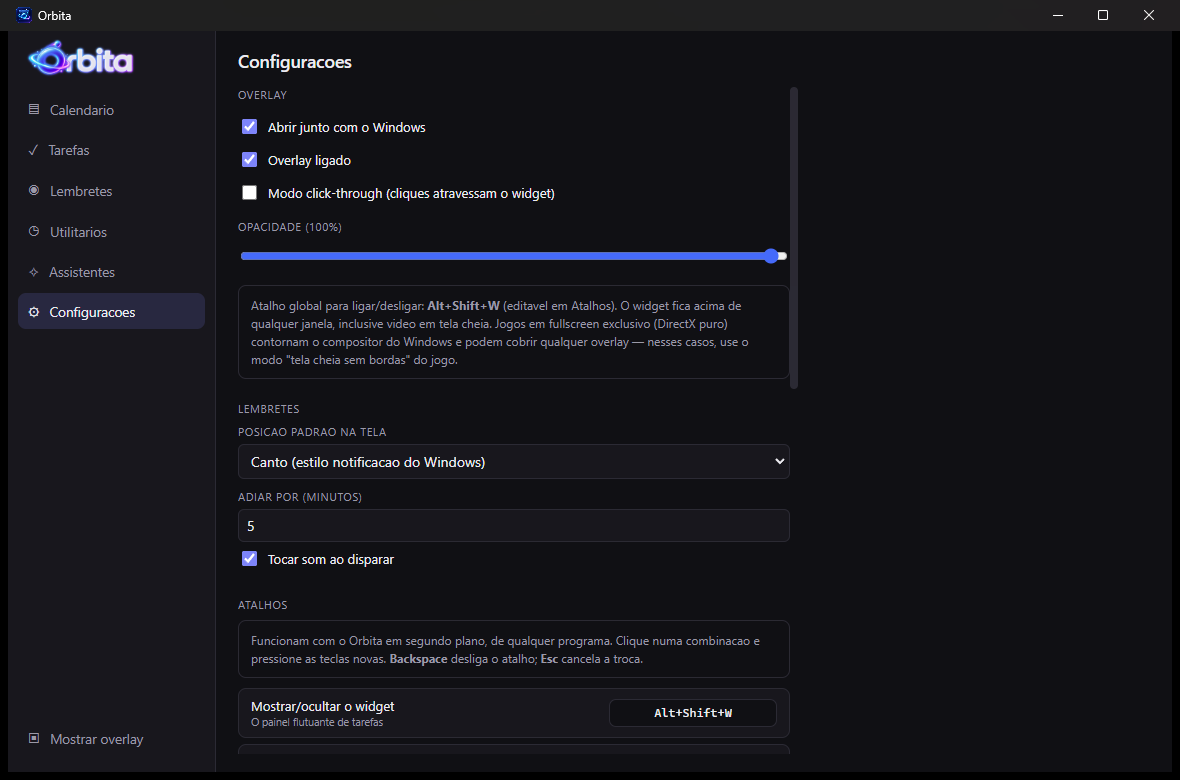 Tela de configurações mostrando overlay, lembretes e atalhos