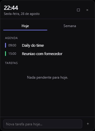 Widget flutuante mostrando a agenda e as tarefas do dia