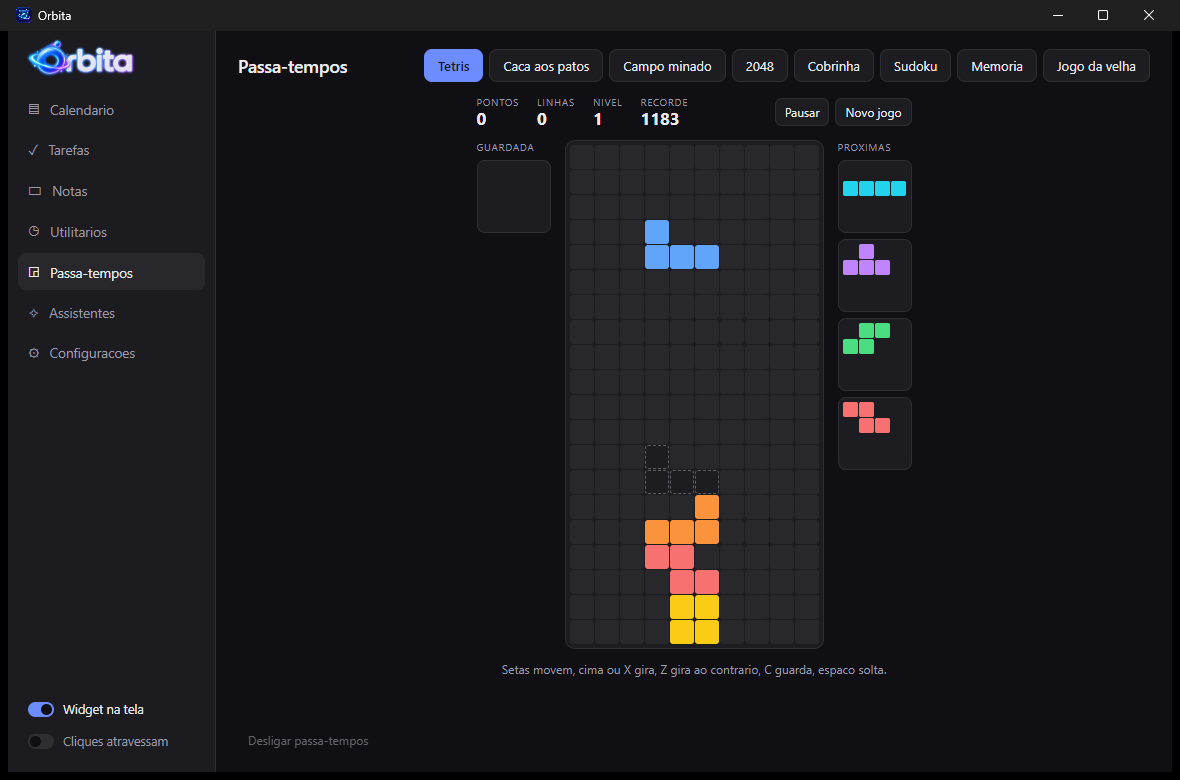 Aba de passa-tempos com o Tetris em partida